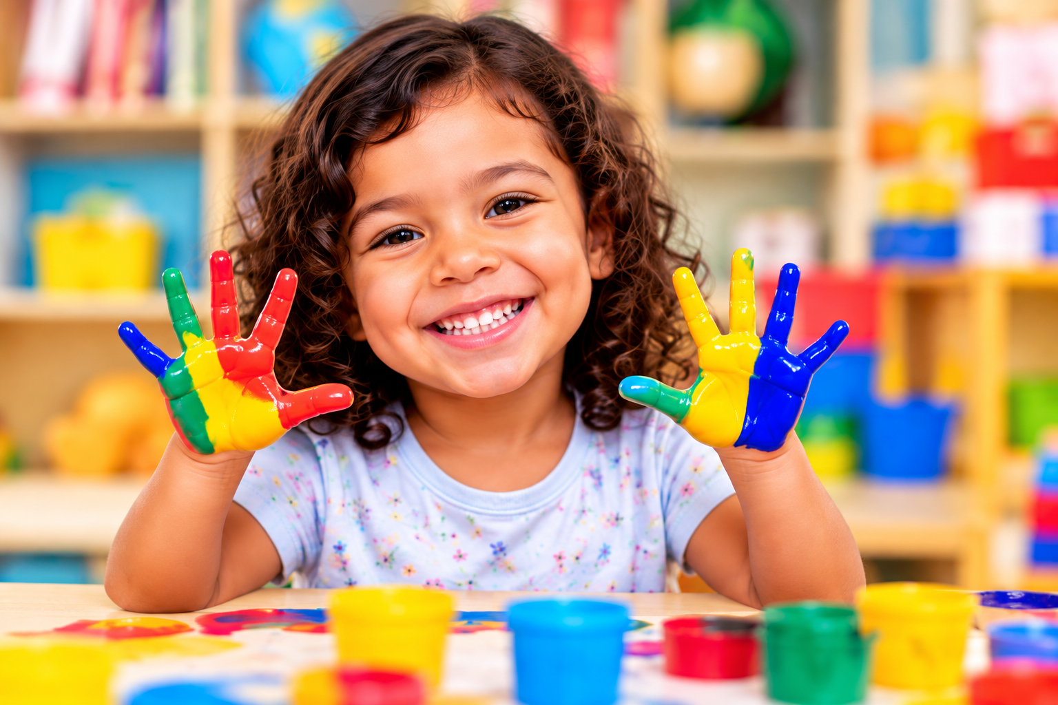 Smiling preschool child painting at Kids Space Daycare in Freeport