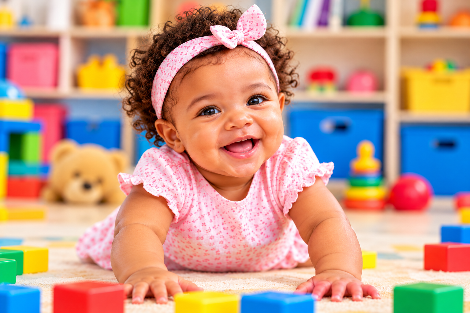 Smiling infant at Kids Space Daycare in Freeport