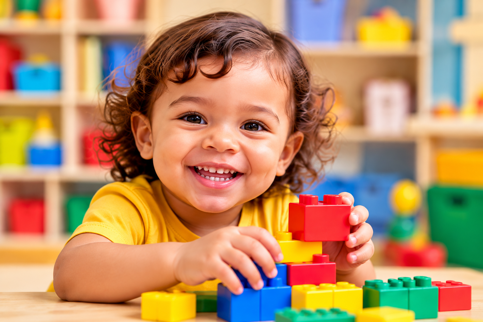 Smiling toddler playing with blocks at Kids Space Daycare in Freeport