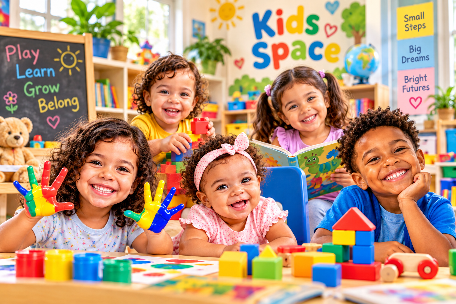 Children playing and learning together in the Kids Space Daycare classroom in Freeport