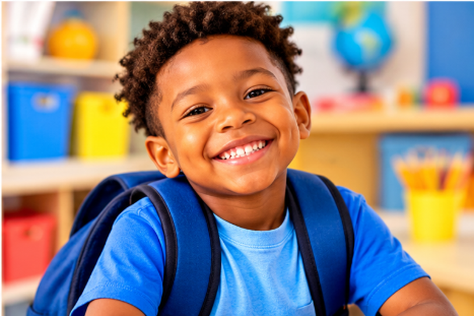 Smiling school-age child with a backpack at Kids Space Daycare in Freeport